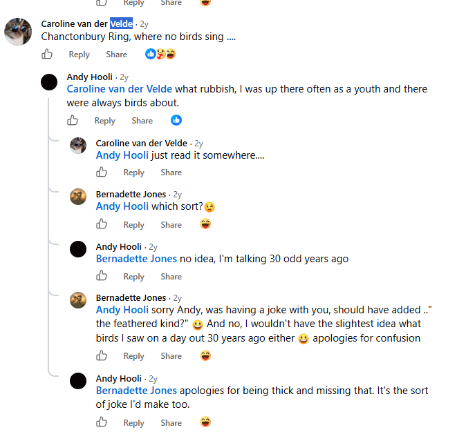 Facebook exchange about birds at Chanctonbury Ring