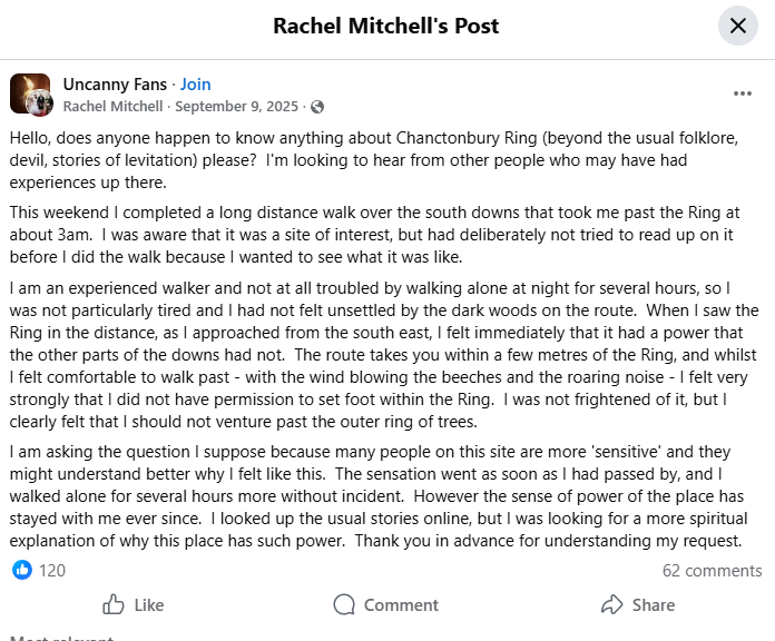 Facebook post describing being unable to enter Chanctonbury Ring