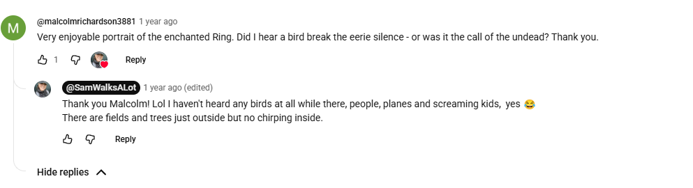 YouTube reply narrowing the no-birds claim to the interior of the Ring