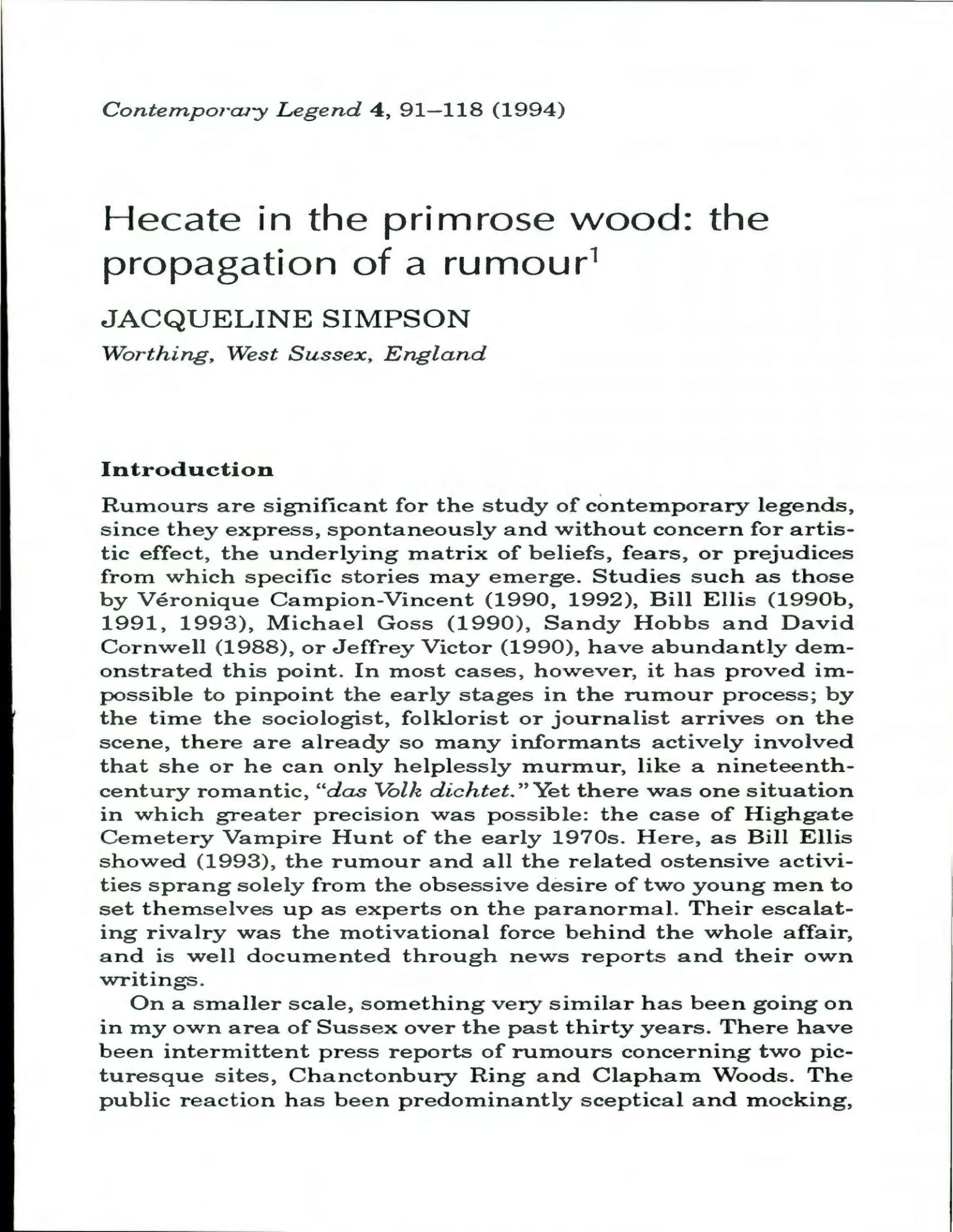 Title page of Simpson's 1994 paper on rumour propagation